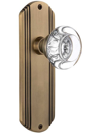 Streamline Deco Door Set with Round Crystal Glass Knobs in Antique Brass.